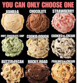 9 scoops of ice cream pictured in a 3×3 grid. Title: You can only choose one. From top row, left to right: vanilla, chocolate, strawberry; mint chocolate chip, cookie dough, cookies & cream; butter pecan, rocky road, pralines & cream.